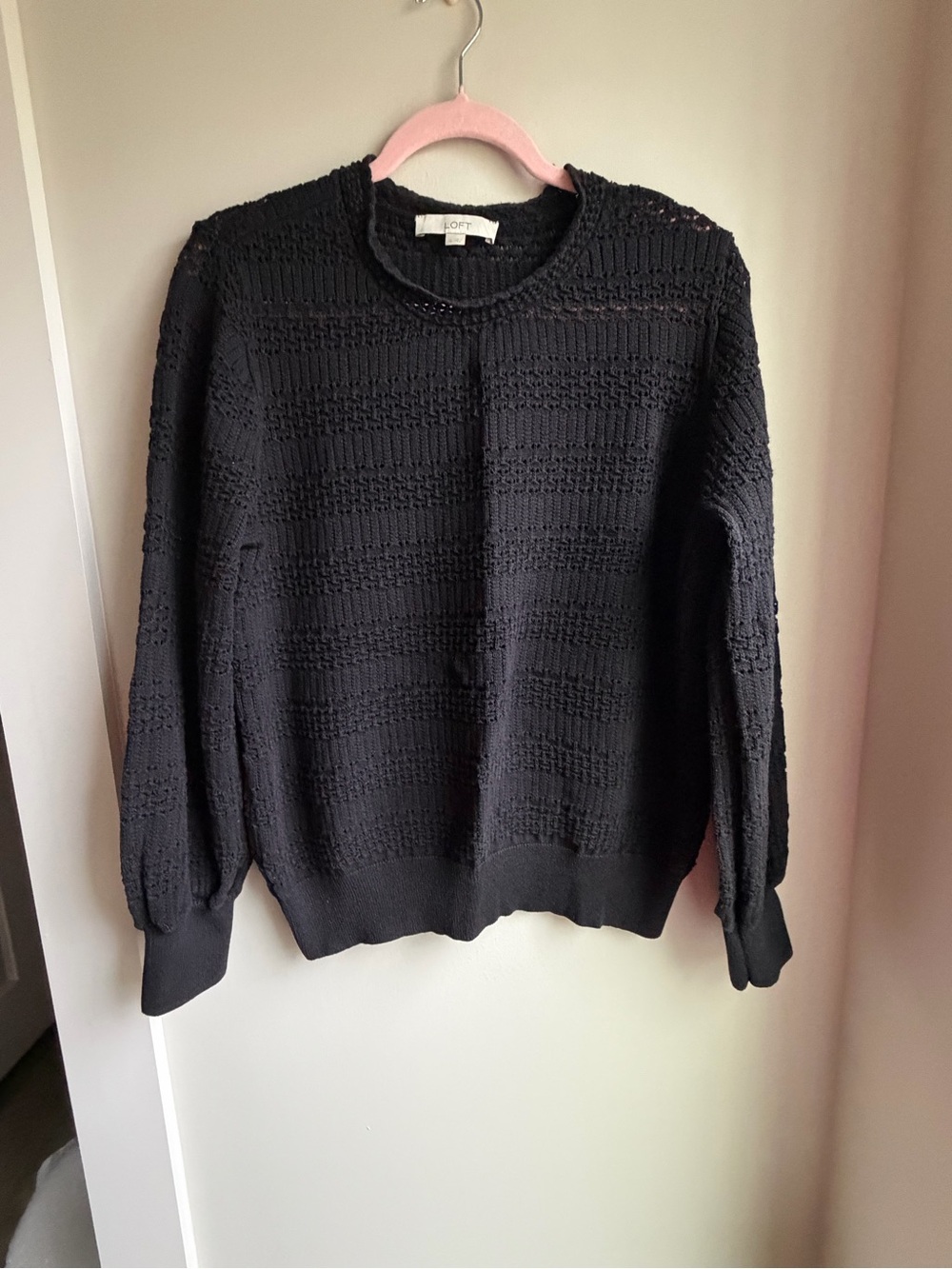 LOFT Black Textured Open-Stitch Crewneck Sweater